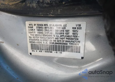 2008 Honda Odyssey Ex z USA, uszkodzony, nr VIN 5FNRL38408B029034